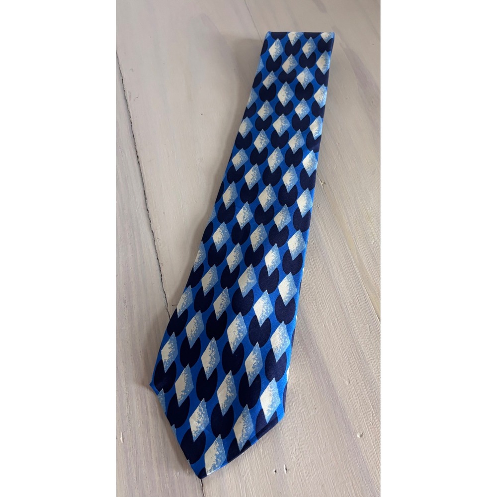 Countess Mara Mens Silk Tie Blue Navy White Geometric Diamond Made in USA